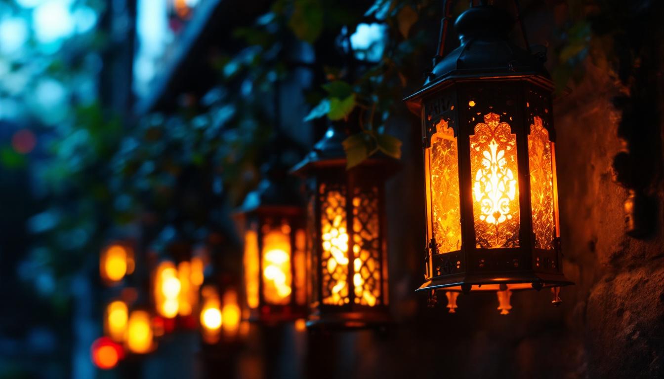 A photograph of a collection of small hanging lanterns in a cozy