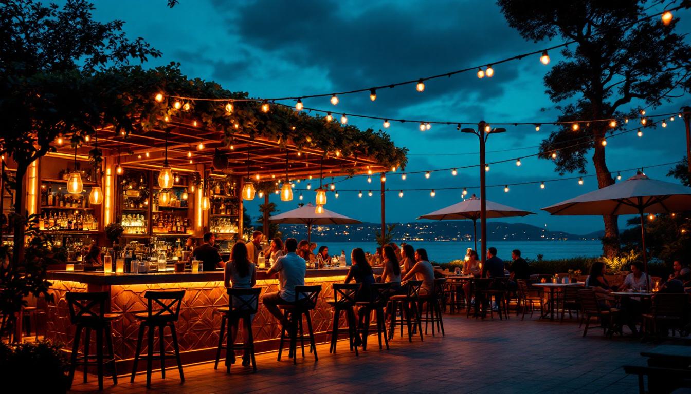 A photograph of a beautifully illuminated outdoor bar setting at dusk