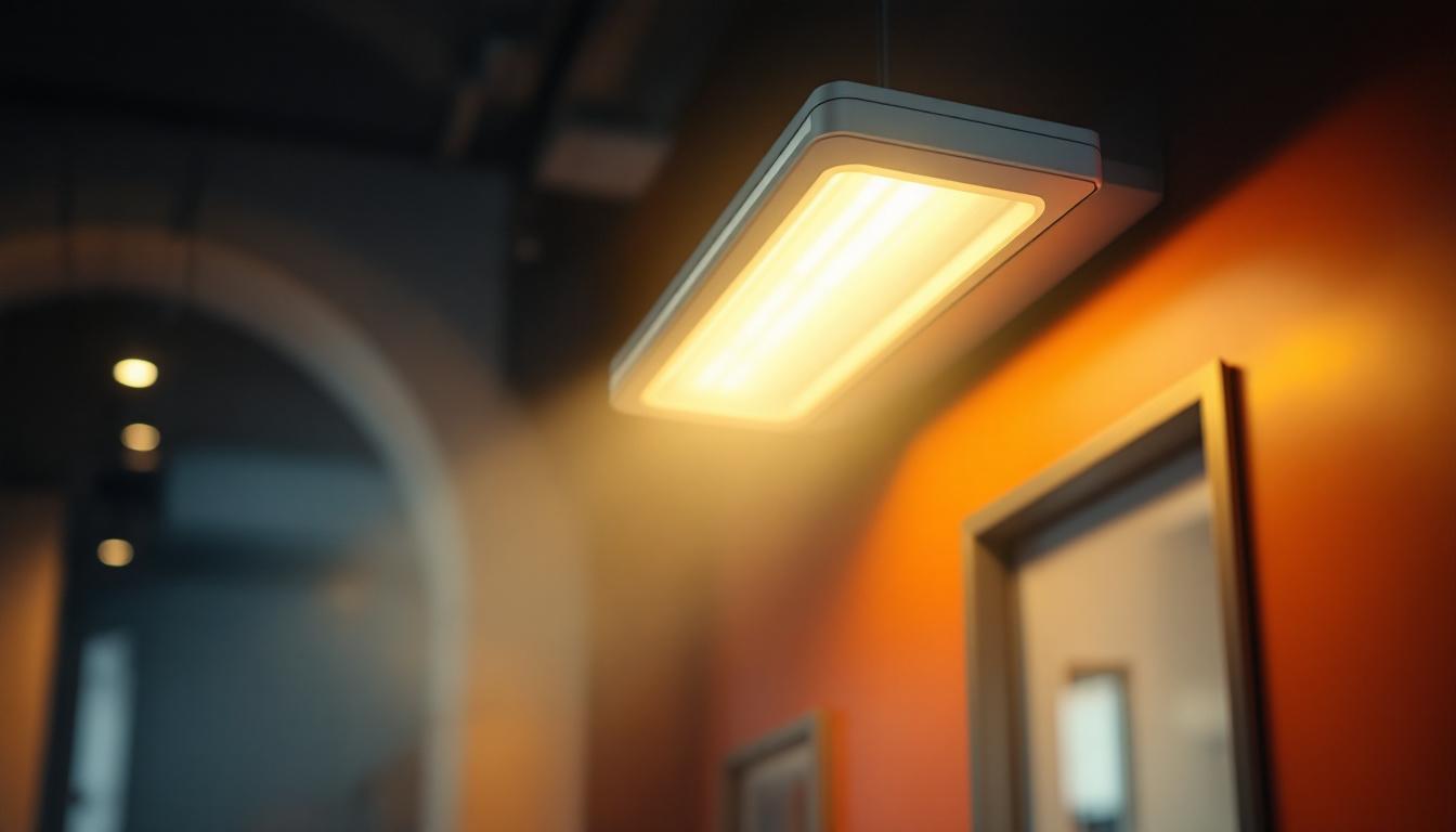 A photograph of a modern emergency light fixture installed in a commercial setting
