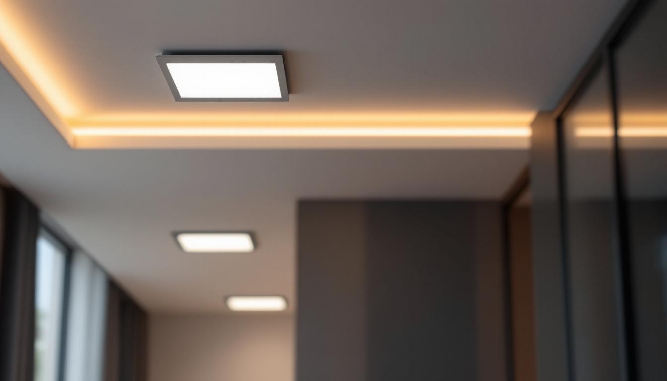 A photograph of a modern interior space showcasing square led recessed can lights elegantly integrated into the ceiling