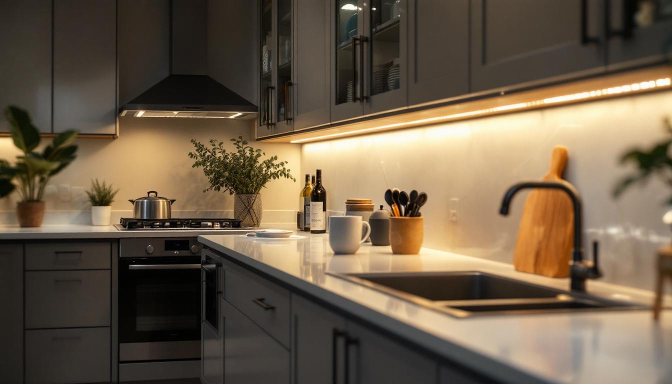 A photograph of a beautifully lit kitchen featuring led tape lights installed under the cabinets
