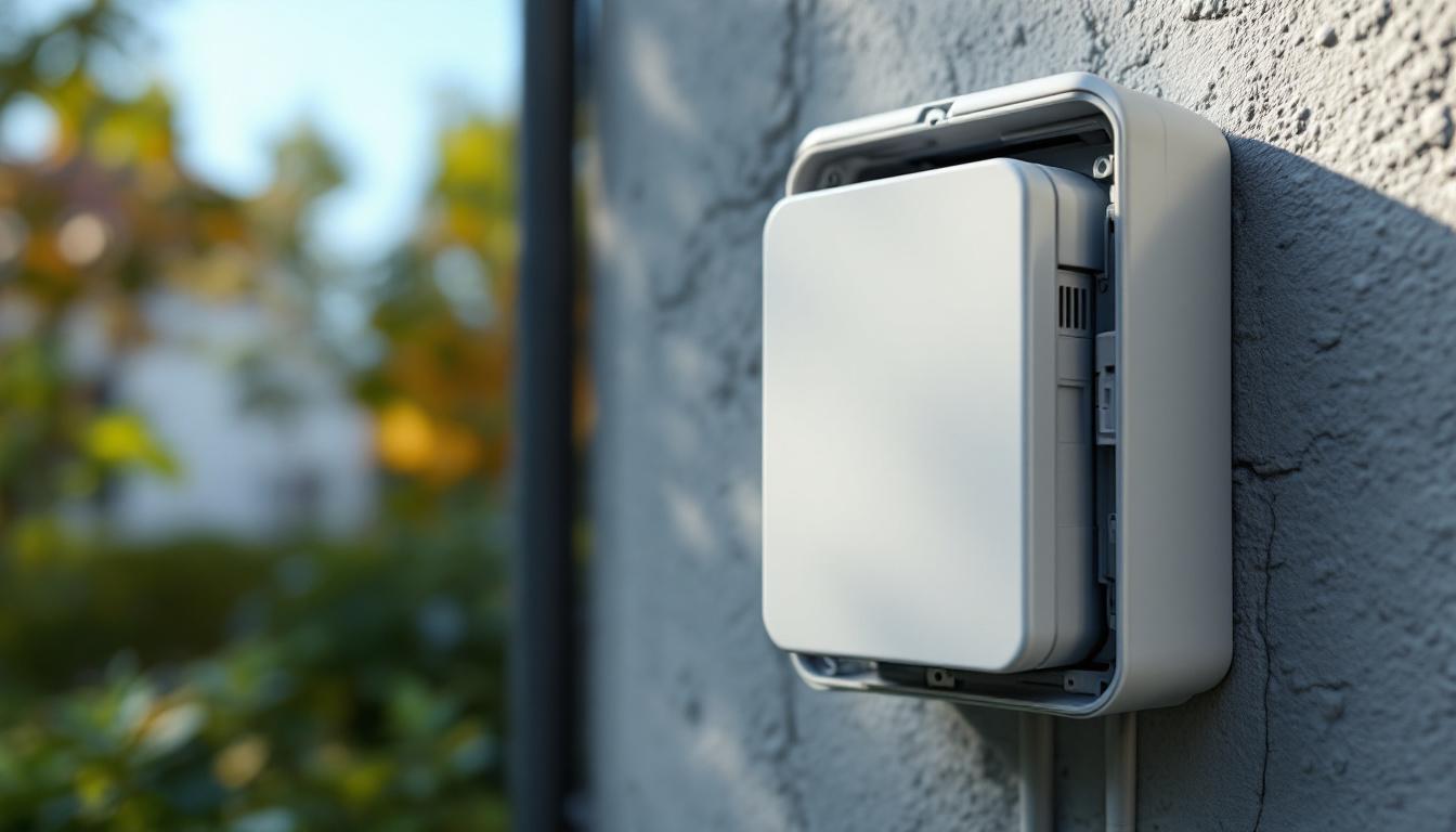 A photograph of a well-installed 2 gang outdoor electrical box mounted on a textured exterior wall