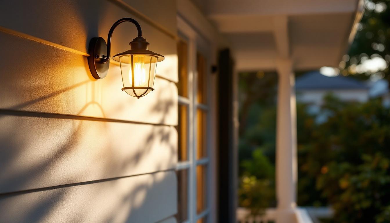 A photograph of a well-lit porch featuring a stylish wall-mounted light fixture