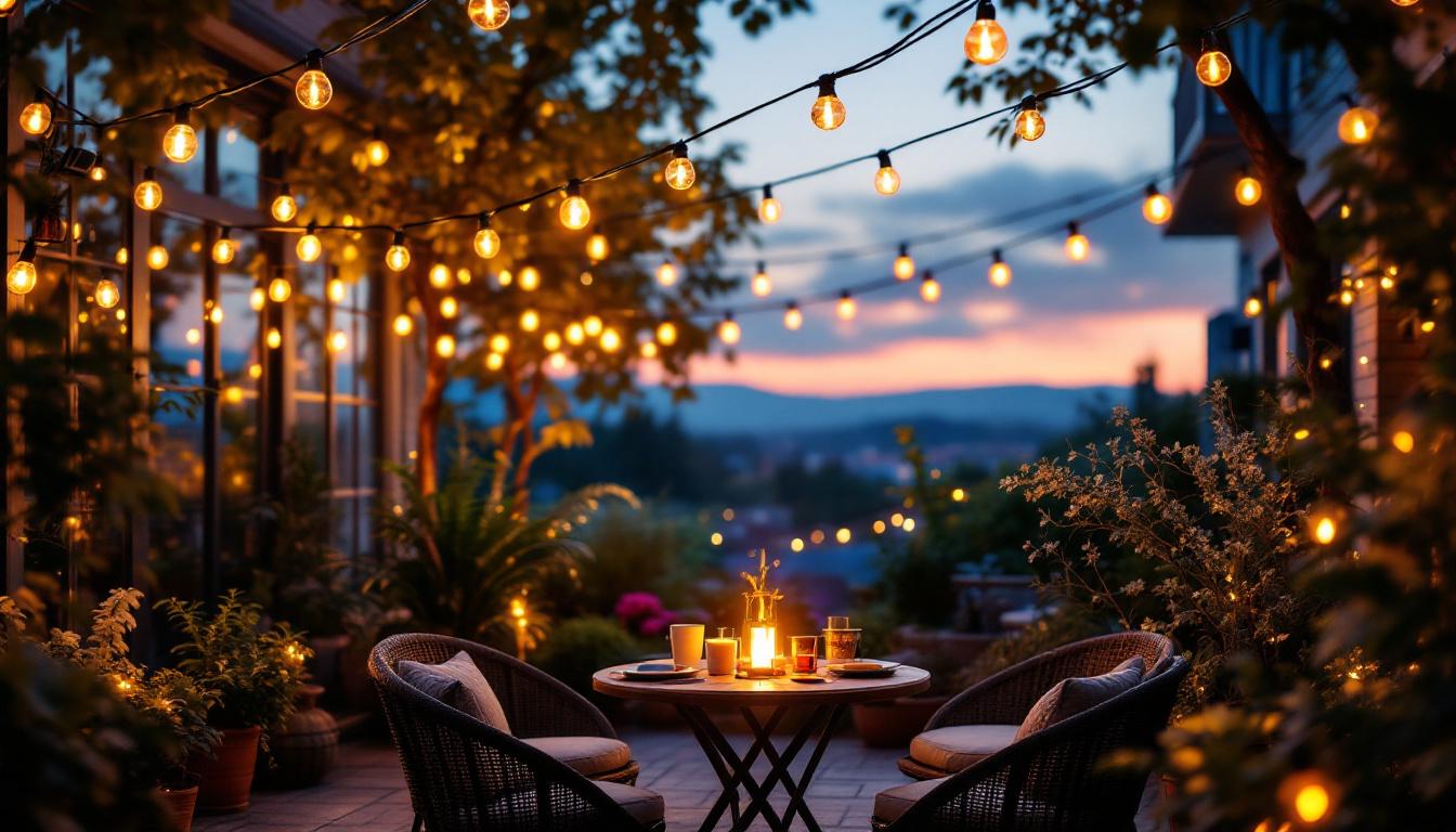 A photograph of a beautifully illuminated outdoor setting featuring cafe lights strung above a cozy gathering space