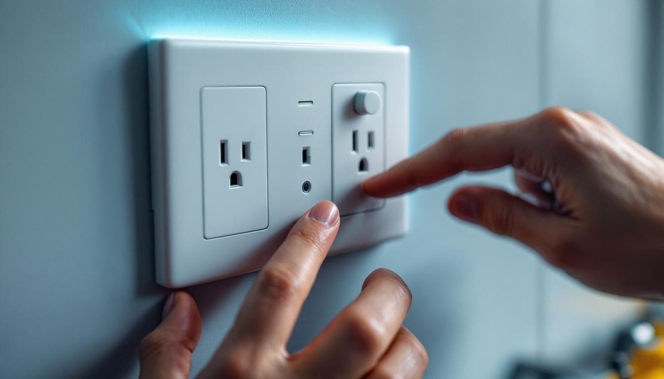 A photograph of a close-up of a modern electrical outlet and switch in a well-lit setting