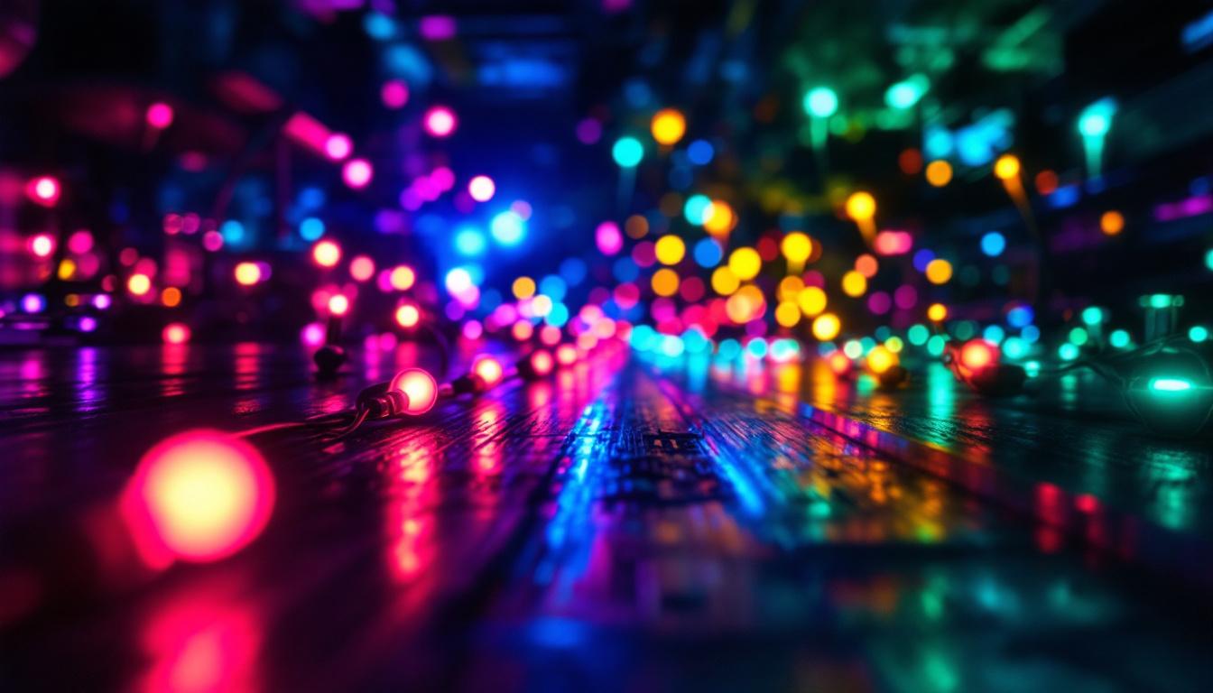 A photograph of a vibrant display of colorful led lights illuminating a modern workspace or outdoor area