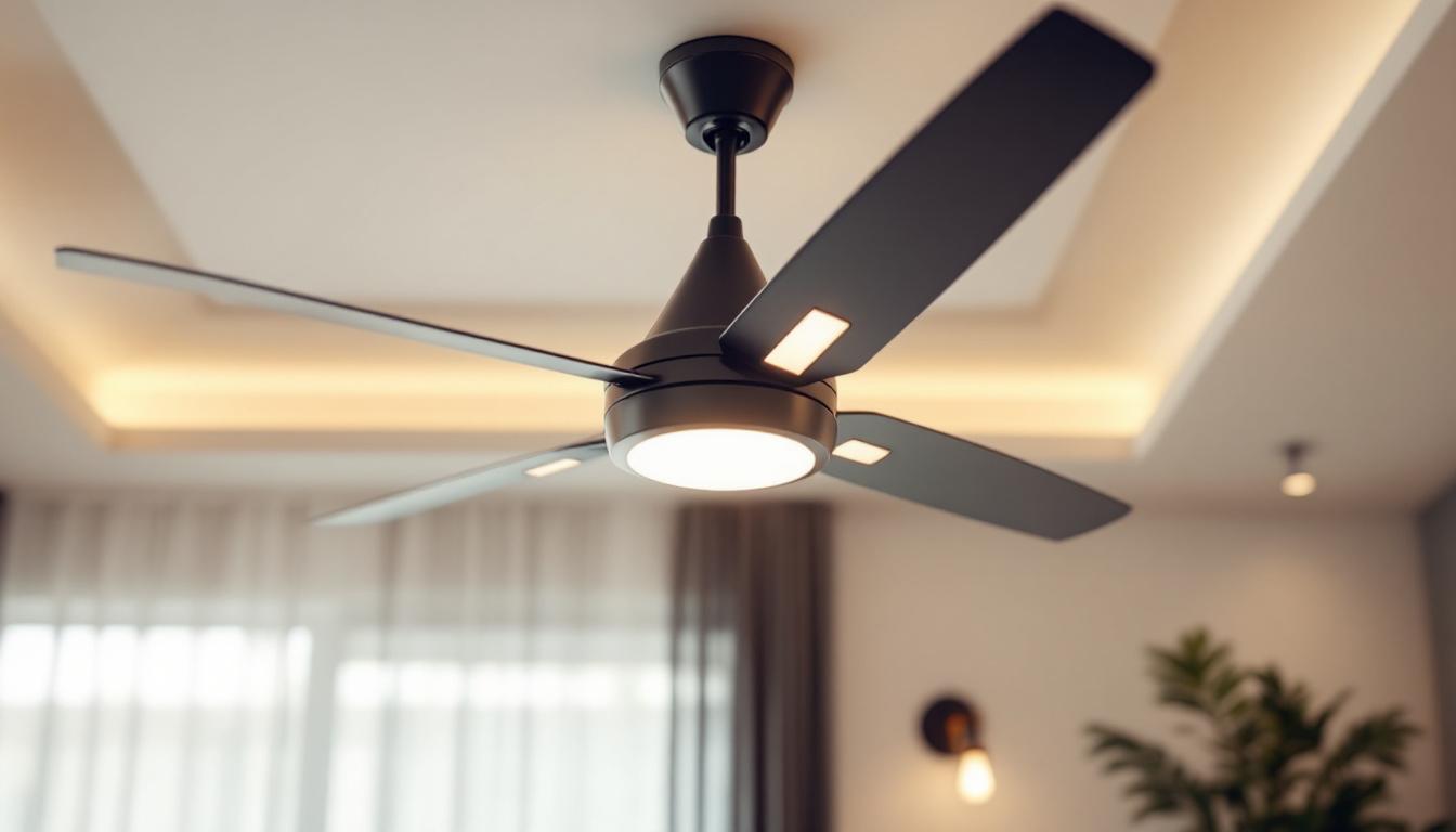 A photograph of a stylish ceiling fan with integrated light fixtures installed in a modern living space