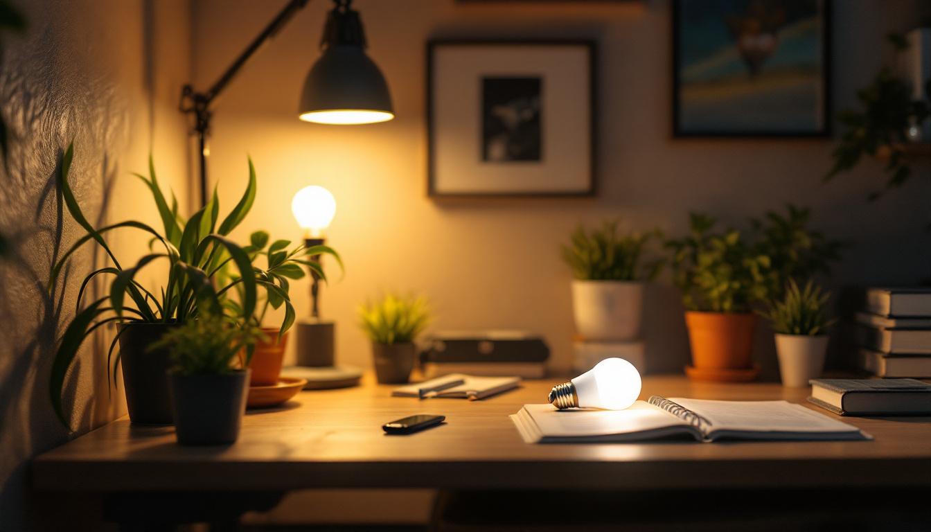 A photograph of a well-lit workspace showcasing an f30t8 bulb in use