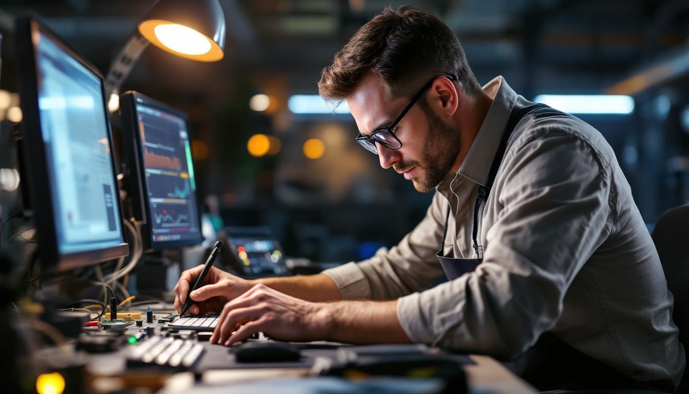 A photograph of a skilled electrical engineer working intently at a workstation