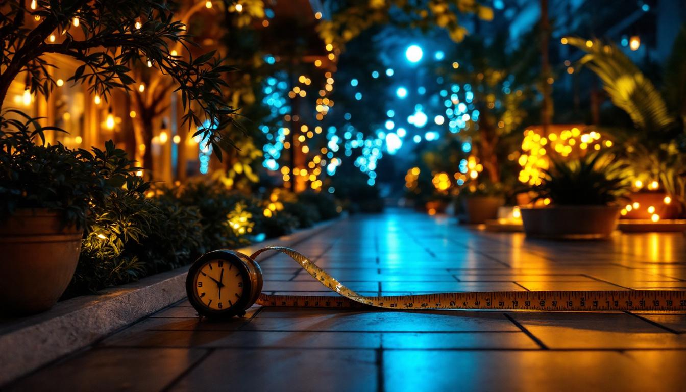 A photograph of a beautifully illuminated outdoor space featuring various led light installations