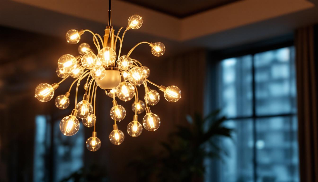 A photograph of a beautifully designed chandelier illuminated in a stylish interior setting