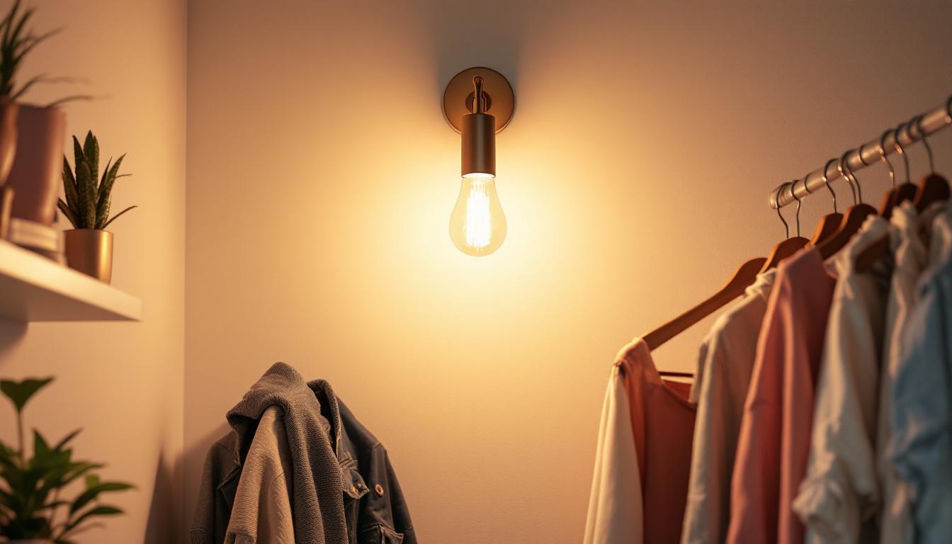 A photograph of a stylish wall-mounted closet light illuminating a beautifully organized closet space