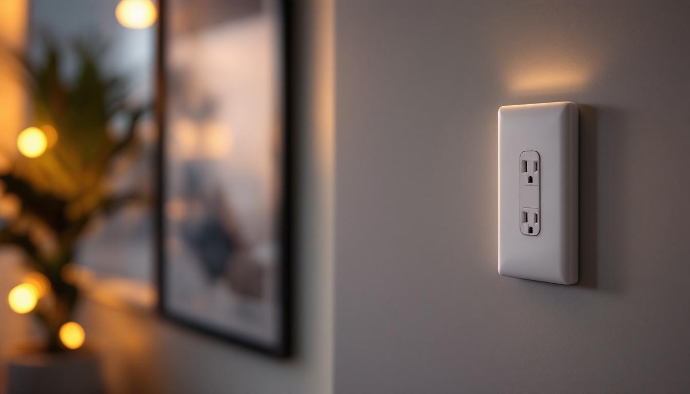 A photograph of a stylish and modern power outlet switch in a well-lit room