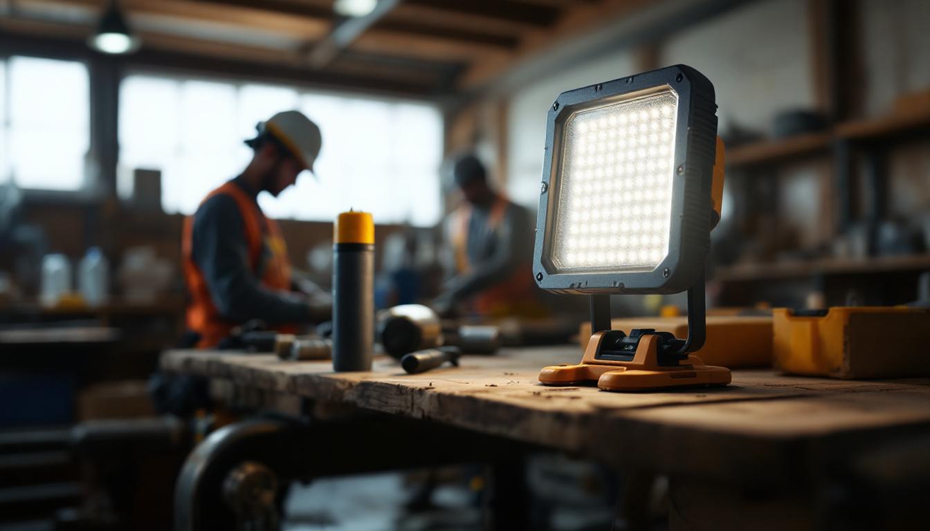 A photograph of a versatile led portable work light in use at a construction site or workshop