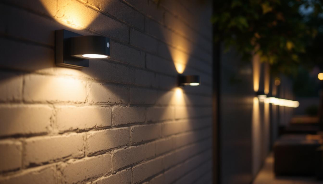 A photograph of a beautifully illuminated outdoor space featuring led lighting fixtures with motion sensors in action