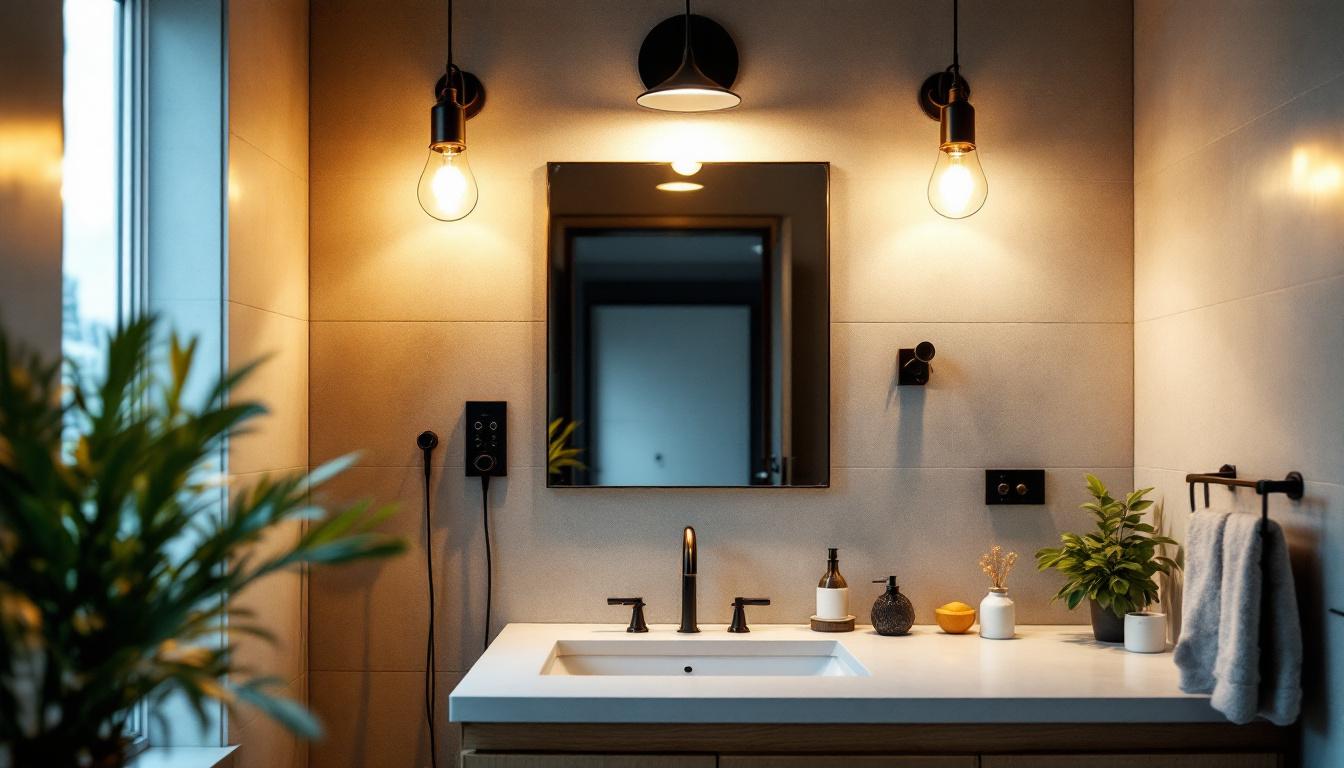 A photograph of a well-lit bathroom showcasing various stylish lighting fixtures