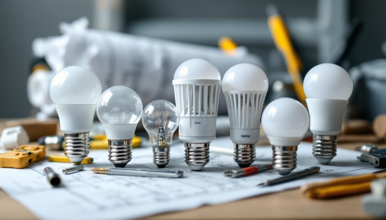 A photograph of a close-up of various recessed lighting bulbs