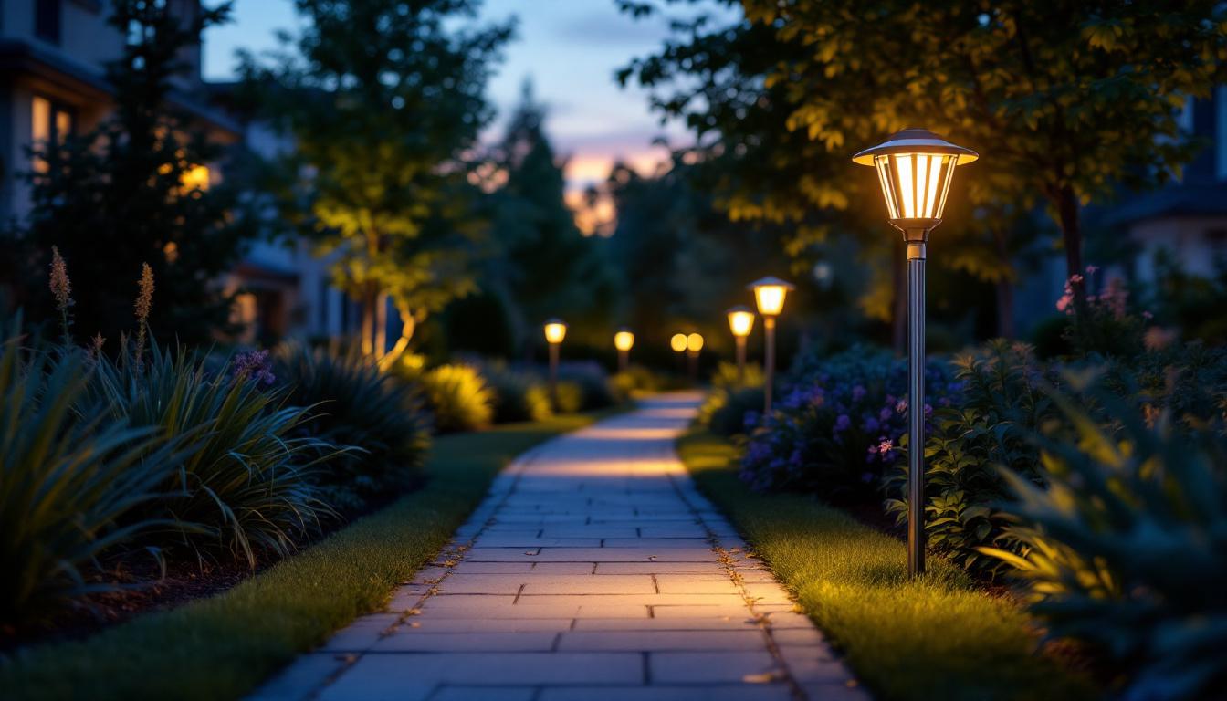 A photograph of a beautifully illuminated pathway featuring high lumen solar pathway lights at dusk