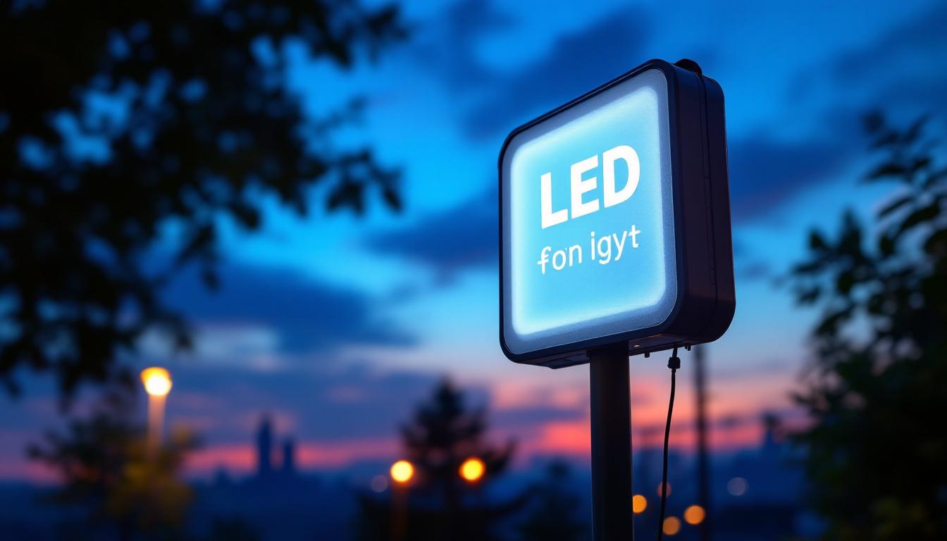 A photograph of capture a photograph of an outdoor led sign illuminated at dusk