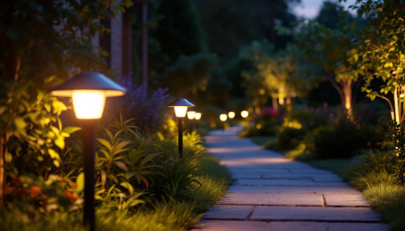 A photograph of a stunning outdoor scene illuminated by brightest pathway solar lights