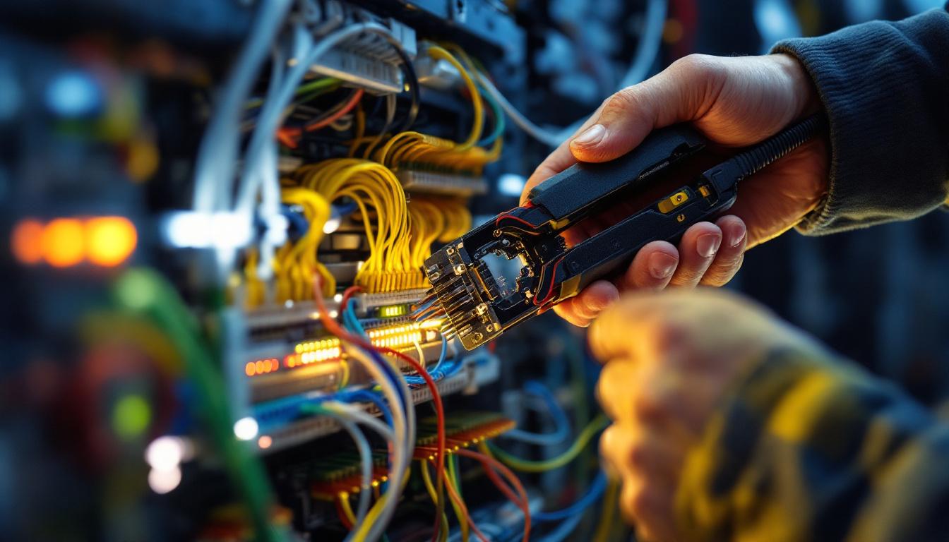 A photograph of a skilled technician using a punchdown tool on a lighting panel
