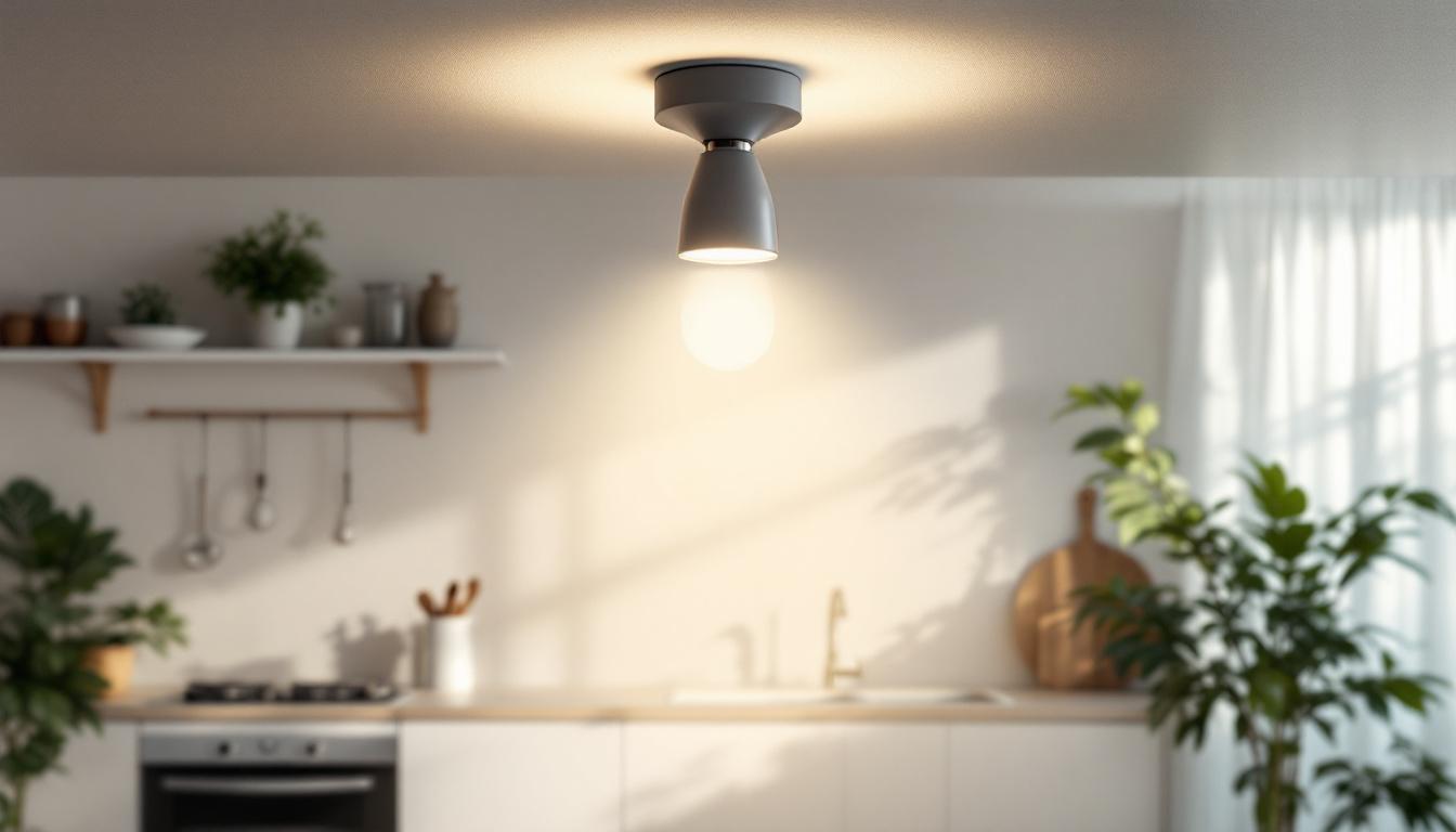 A photograph of a modern flush kitchen light fixture illuminating a stylish