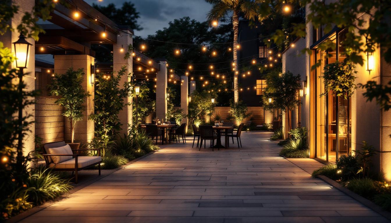 A photograph of a beautifully illuminated outdoor space at night