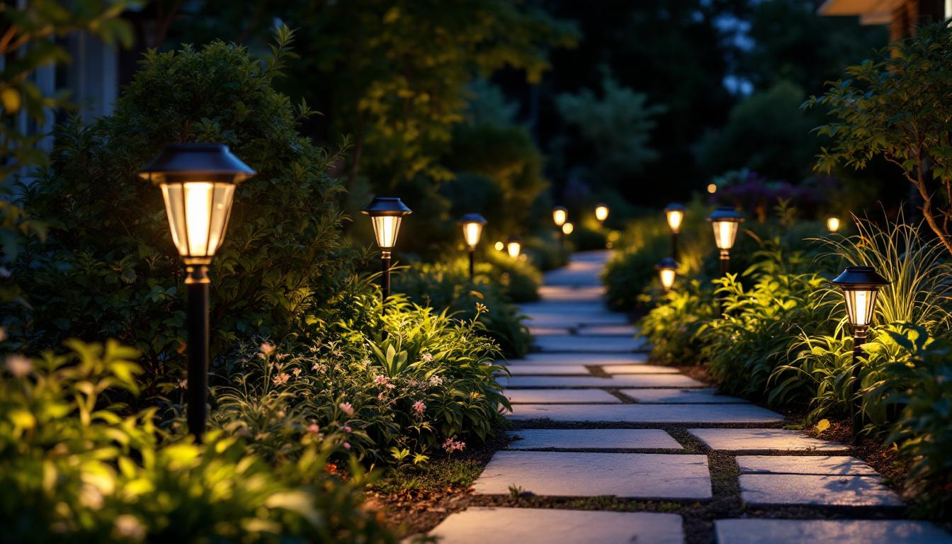 A photograph of a beautifully landscaped garden at dusk