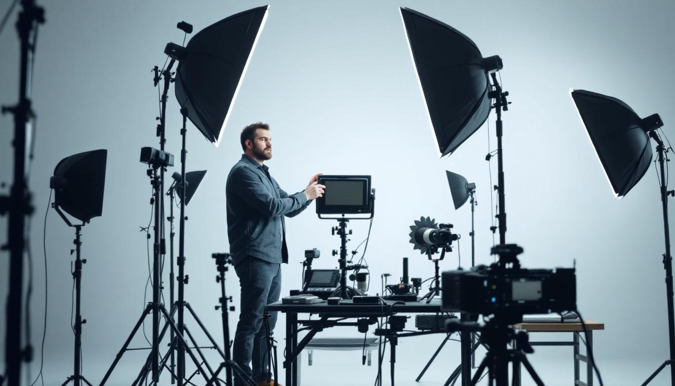A photograph of a well-organized lighting setup in a studio environment