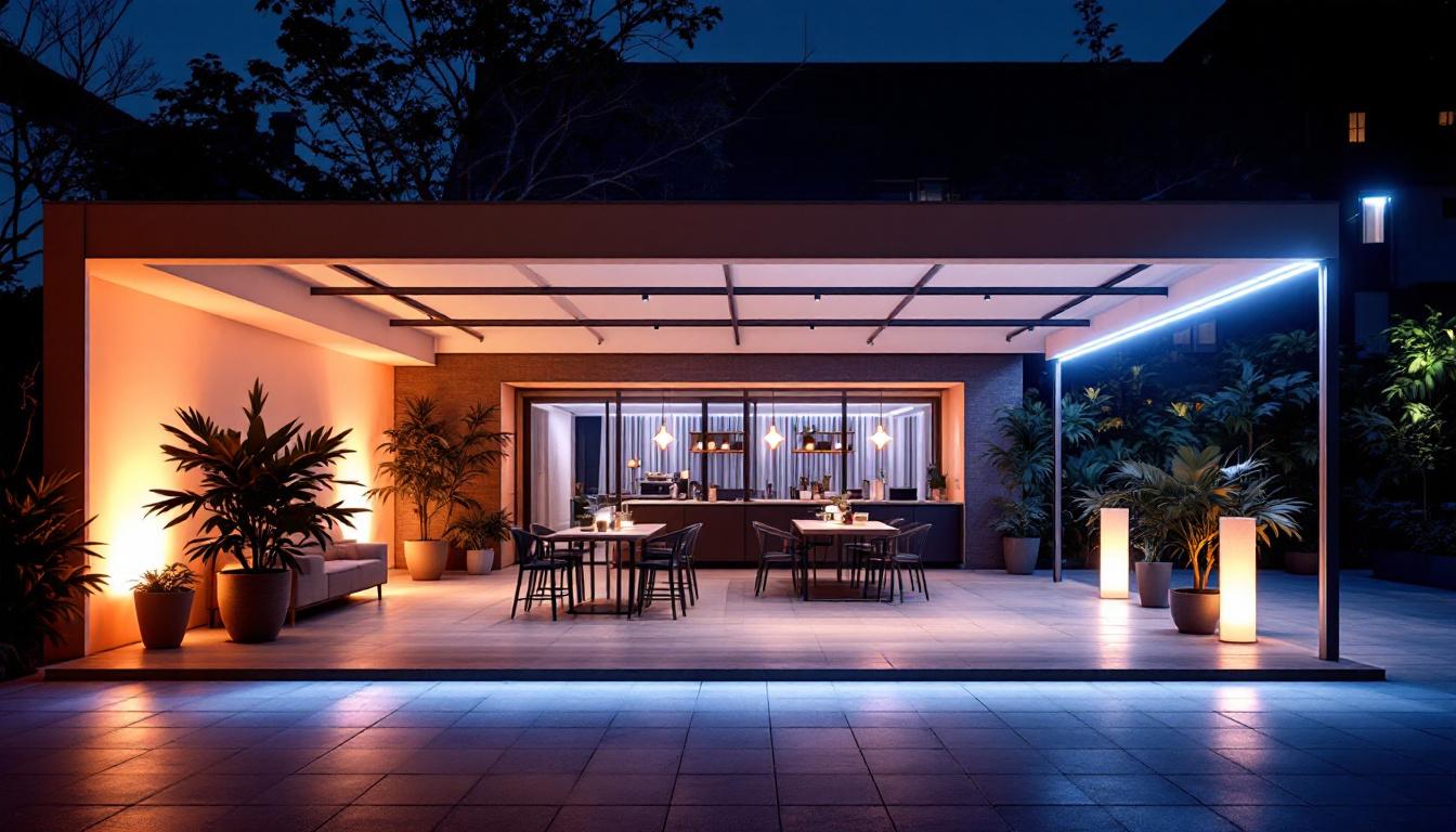 A photograph of a well-lit outdoor space featuring a 10x10 canopy illuminated by various types of canopy lights