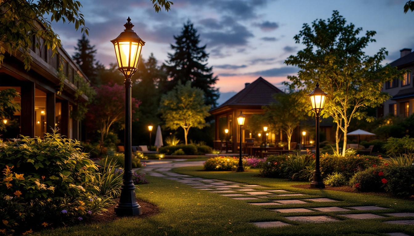 A photograph of a beautifully landscaped outdoor space illuminated by elegant decorative light posts at dusk