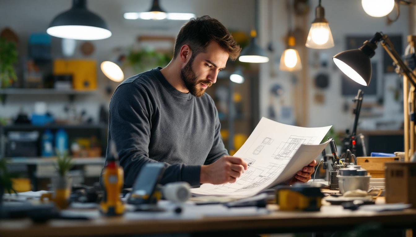A photograph of a skilled electrical engineer analyzing a lighting design blueprint in a well-lit workspace