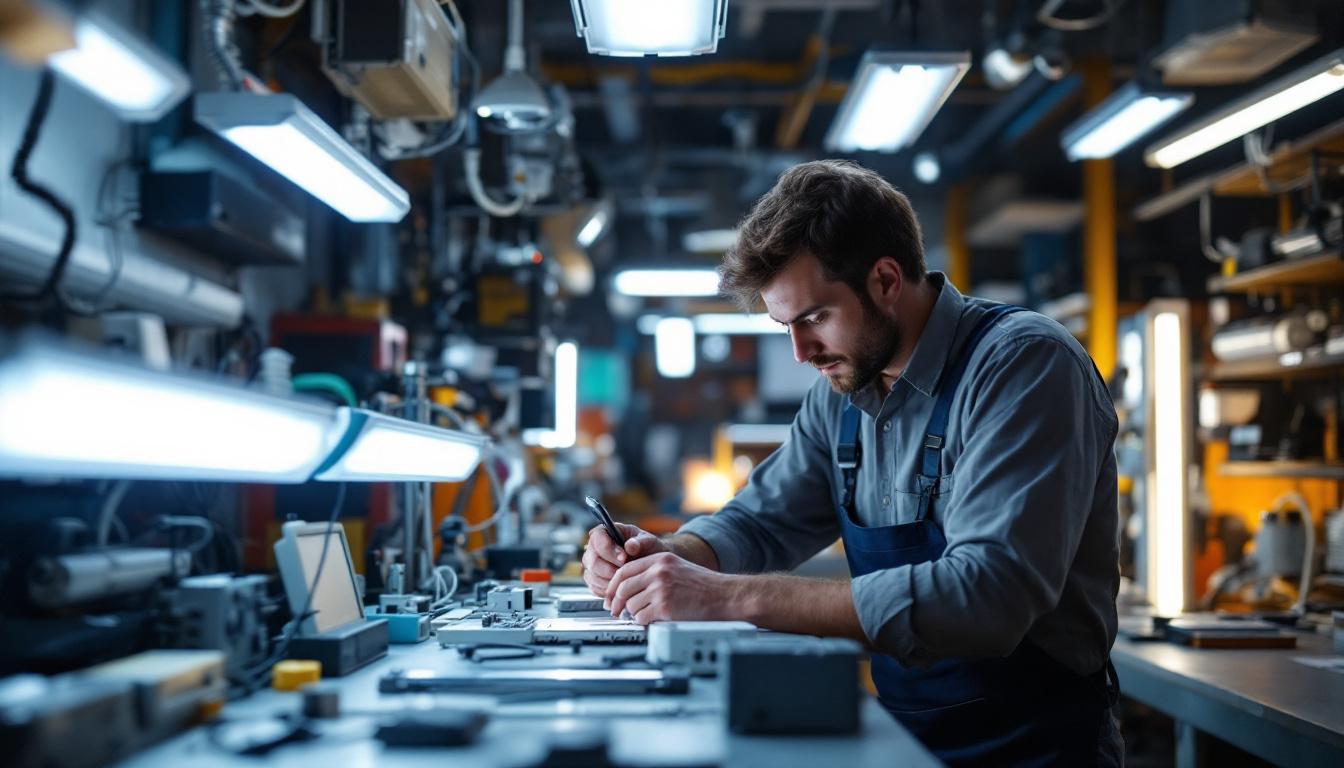 A photograph of a lighting engineer working intently in a workshop