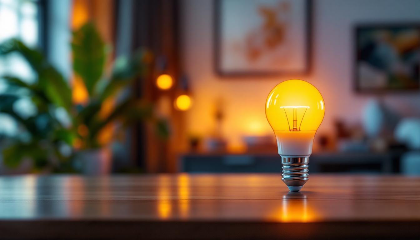 A photograph of a modern lighting design setup featuring a 12-watt led bulb in action