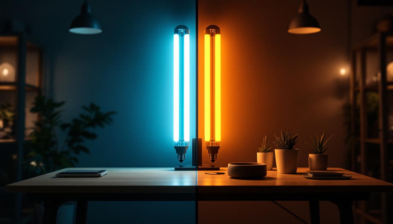 A photograph of a side-by-side comparison of t8 and t12 fluorescent tubes illuminated in a well-lit workspace