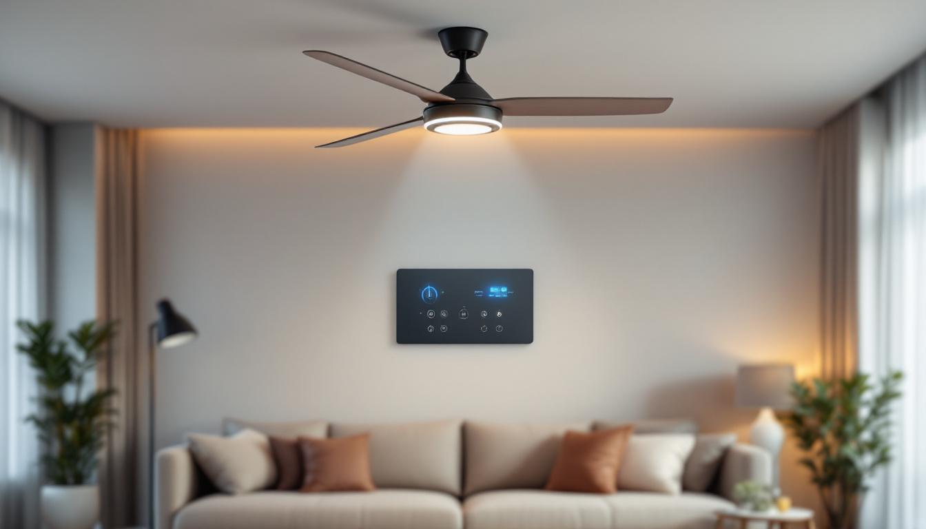 A photograph of a stylish ceiling fan with integrated wall controls in a modern living space