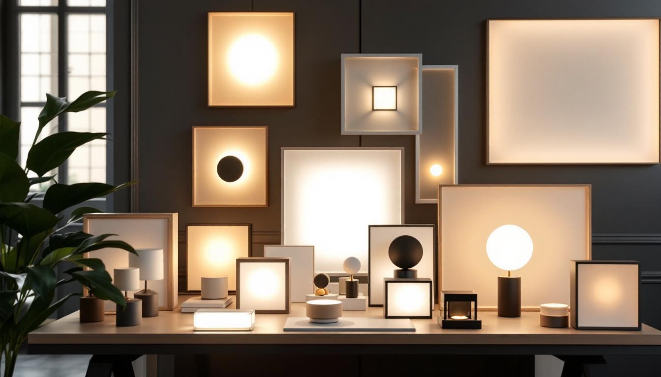 A photograph of a beautifully arranged display of various square light fixtures in an elegantly lit room