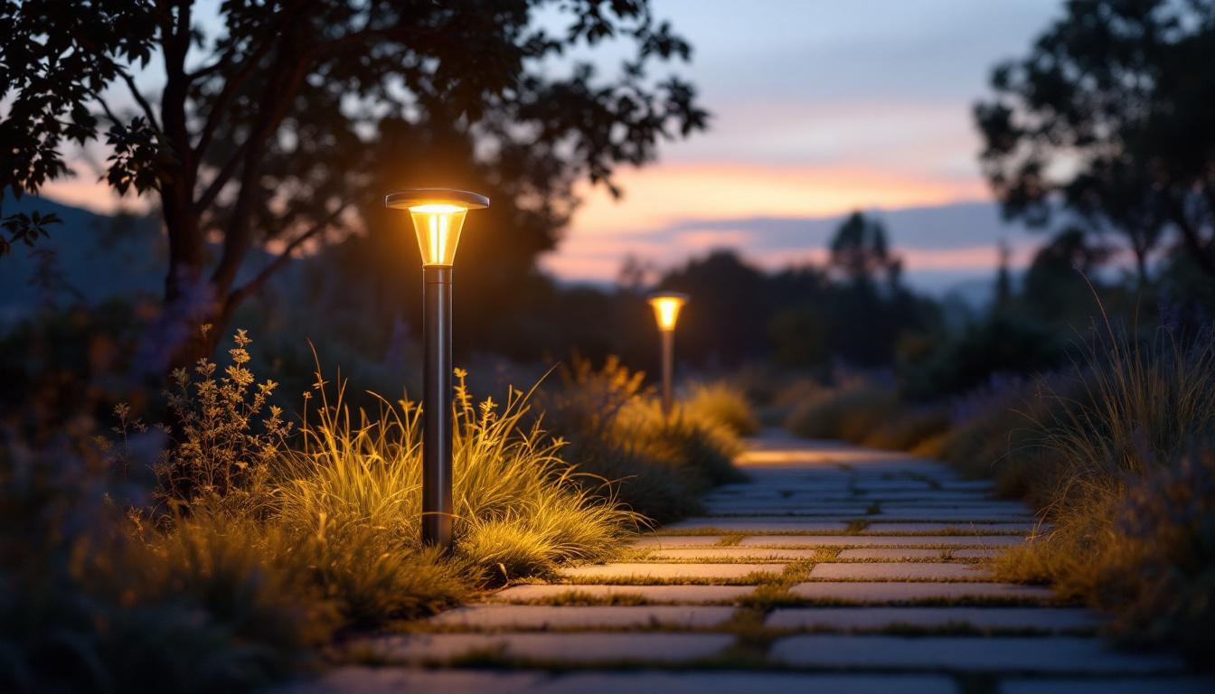 A photograph of a beautifully illuminated solar walkway light in a serene outdoor setting