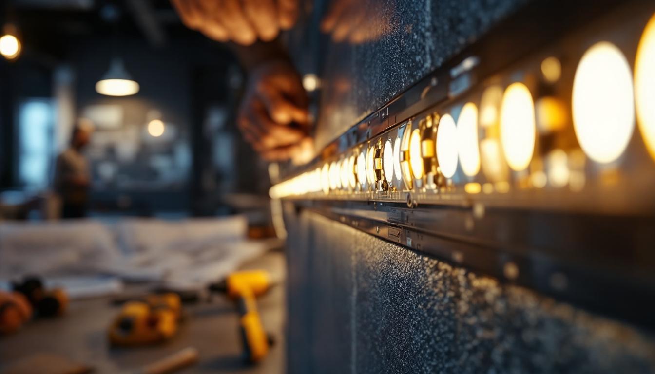 A photograph of a close-up shot of flat led tape lights being installed in a modern setting