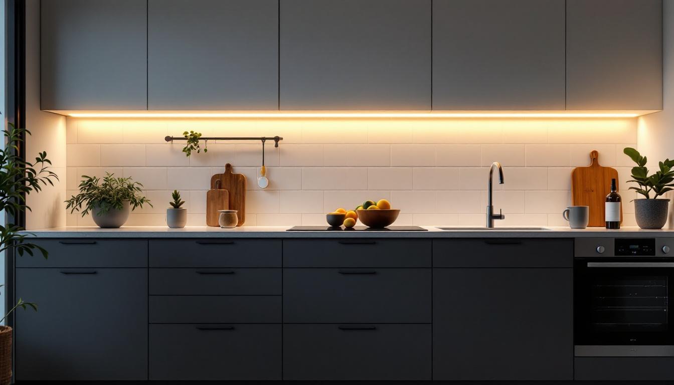 A photograph of a modern kitchen showcasing sleek led undercabinet lighting illuminating the countertops