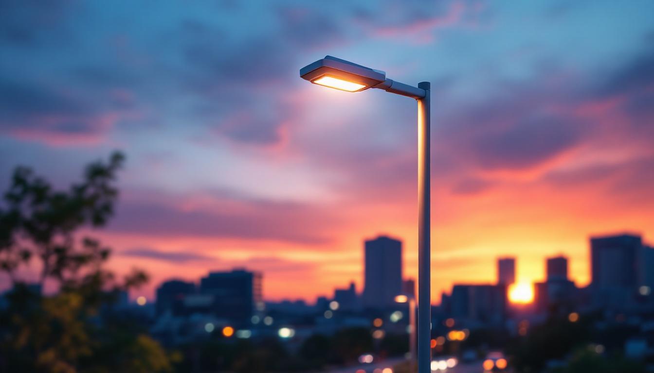 A photograph of a modern streetlight pole illuminated at dusk