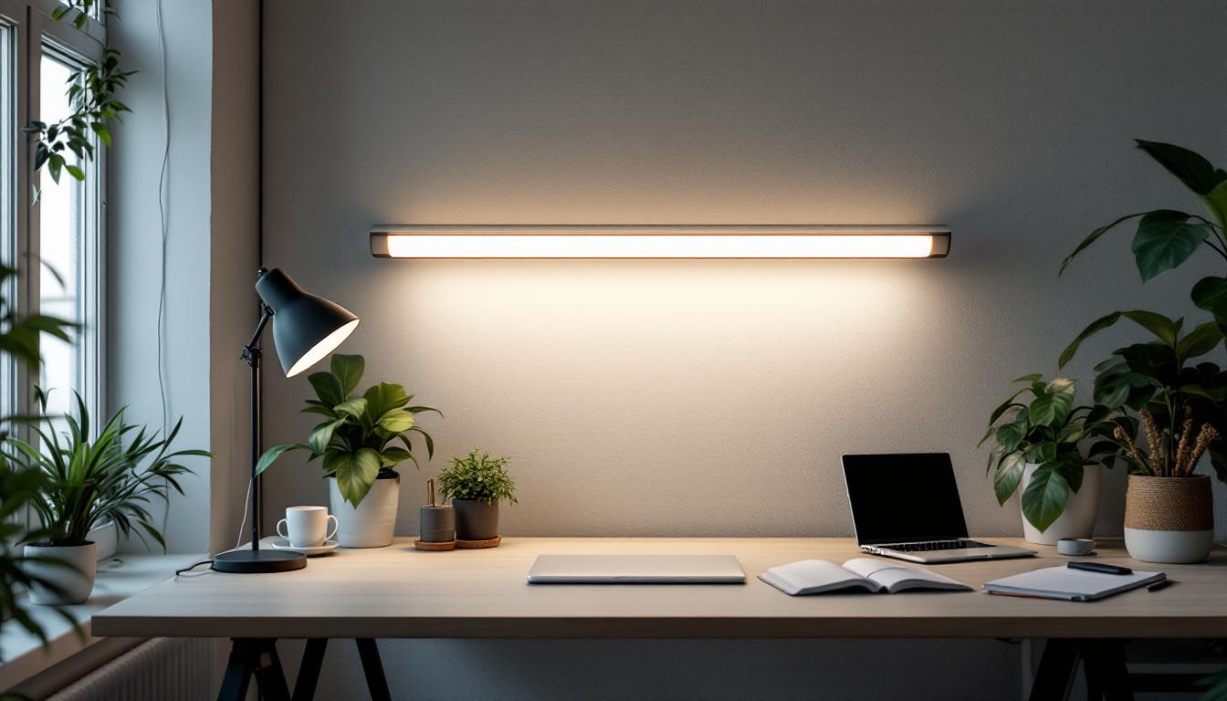 A photograph of a well-lit workspace featuring a 4-foot fluorescent tube light in use