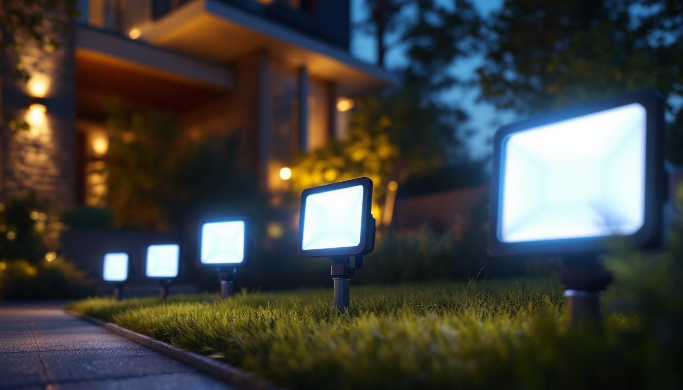 A photograph of a beautifully illuminated outdoor space showcasing various led flood light fixtures in action