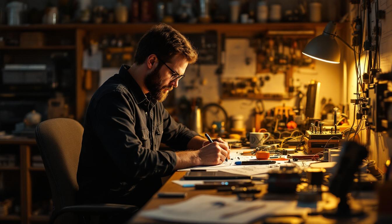 A photograph of a focused electrical engineer working on complex calculations at a desk cluttered with tools