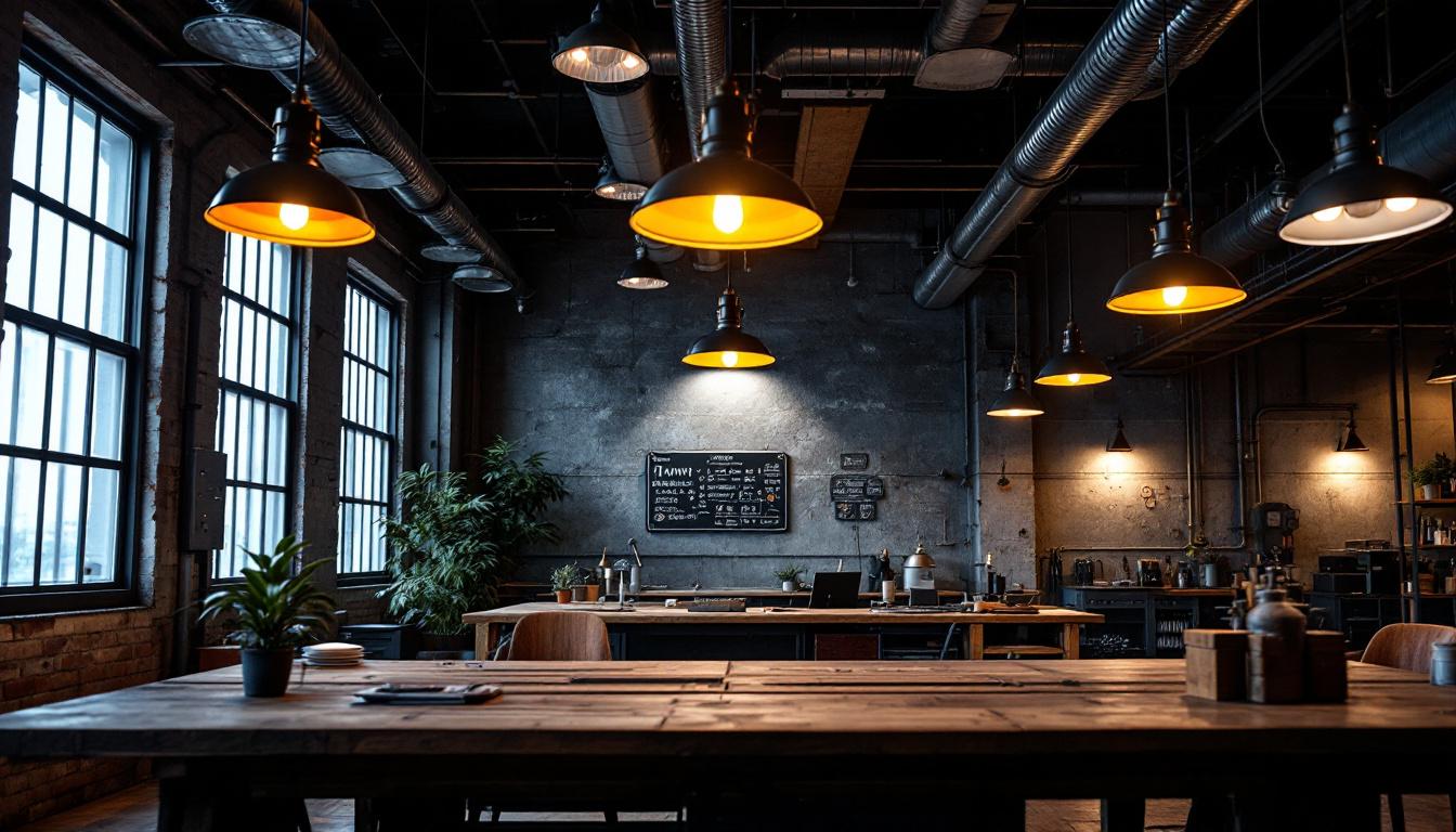 A photograph of a well-lit industrial workspace showcasing a blend of industrial and commercial lighting fixtures