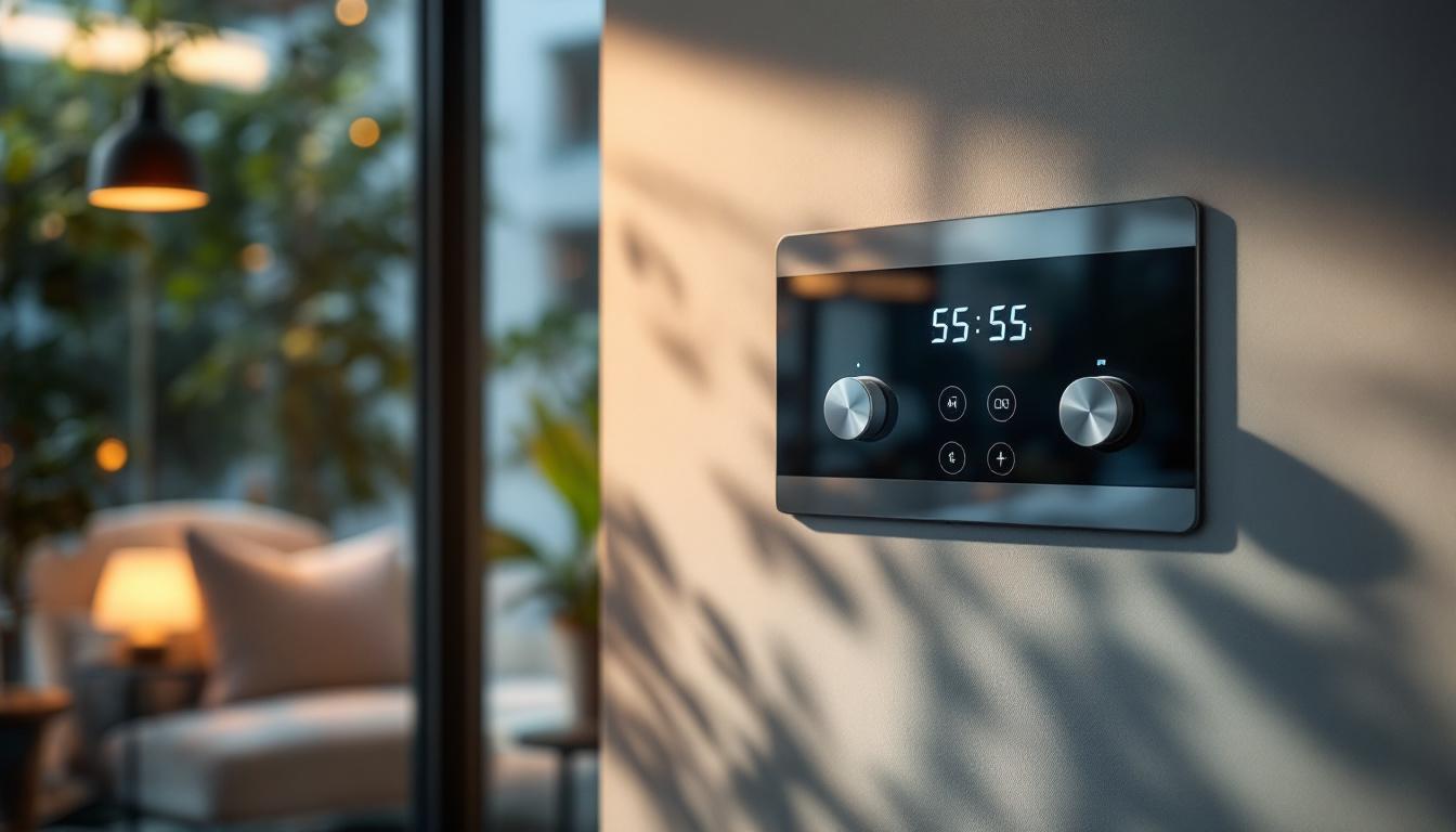A photograph of a modern lighting control panel integrated within a stylish interior space
