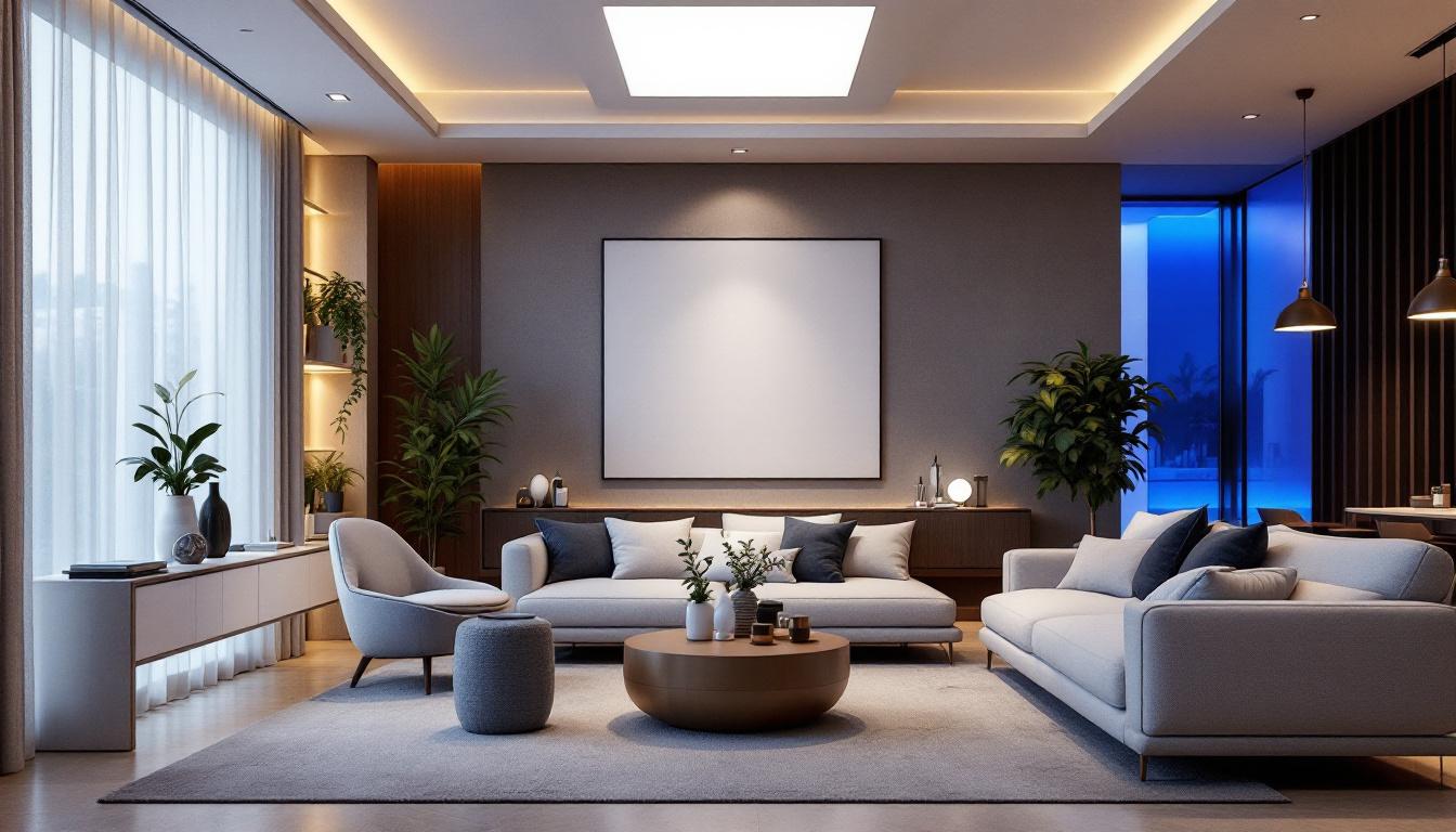 A photograph of a modern interior space featuring square recessed led light fixtures