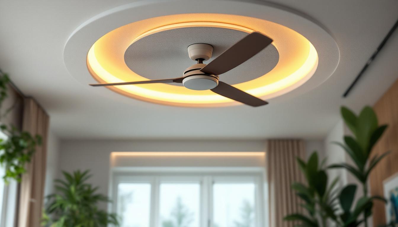 A photograph of a beautifully designed ceiling fan with integrated lighting