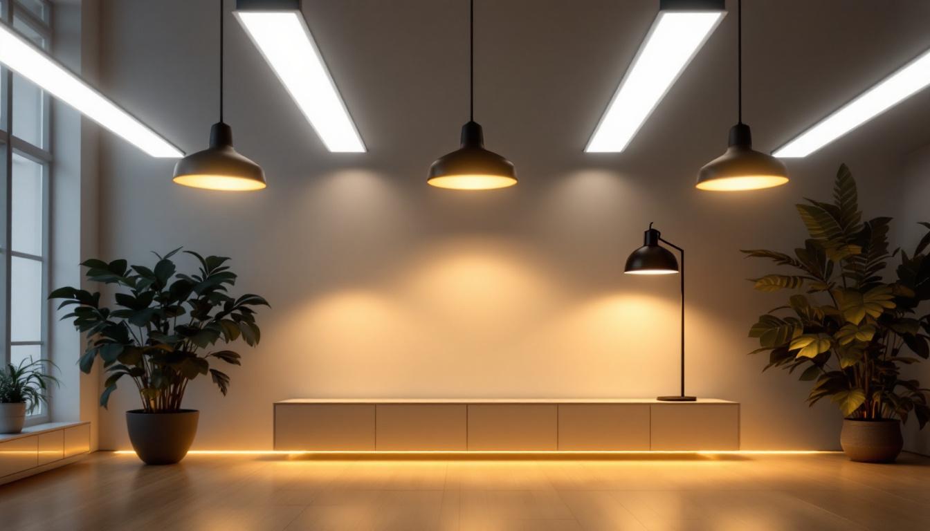 A photograph of a well-lit interior space showcasing a variety of light fixtures and their effects on the surrounding environment