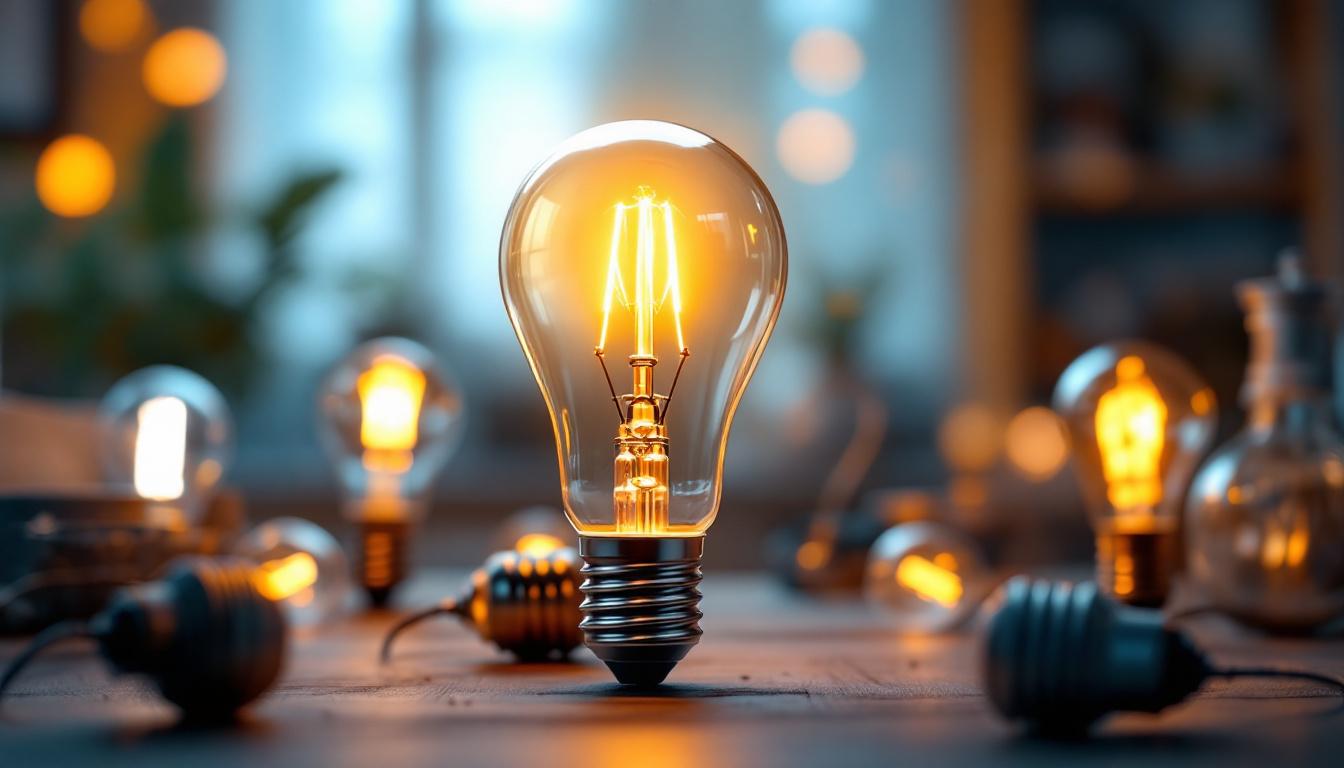 A photograph of a vibrant corn light lamp bulb illuminating a cozy indoor setting